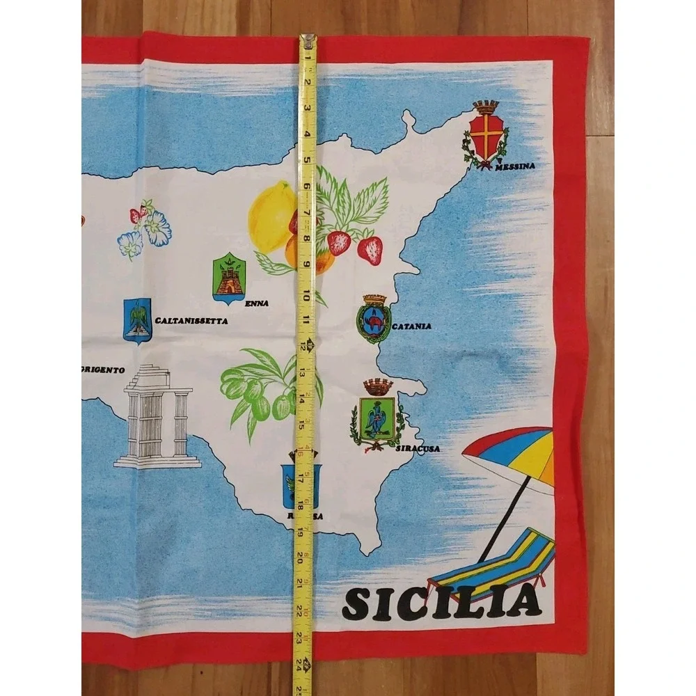 Vintage Souvenir SICILY SICILA MAP Red Blue White Cotton Kitchen Tea Towel